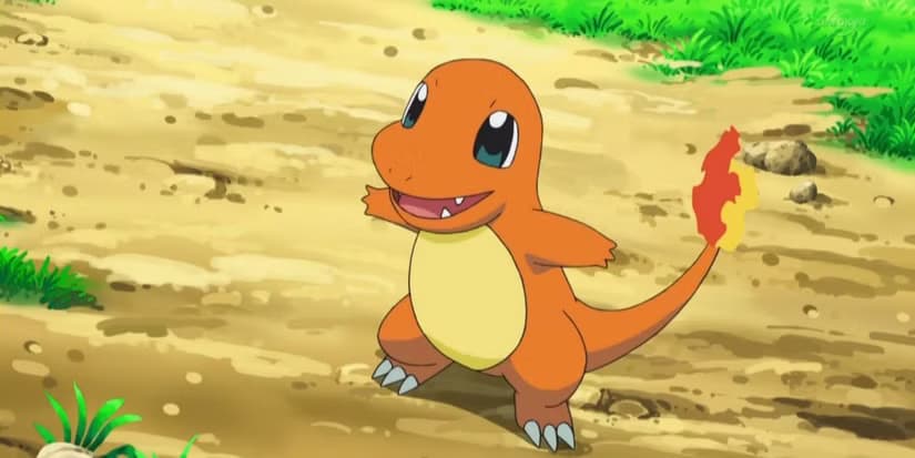 Charmander smiling with its flame tail