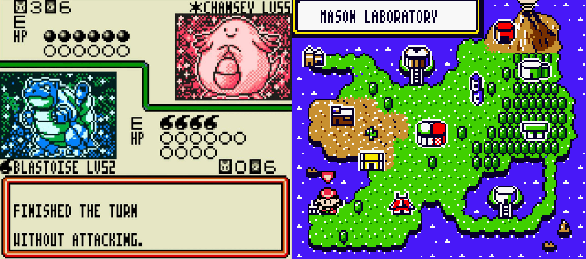 Game Boy Color battle featuring Pokémon trading cards